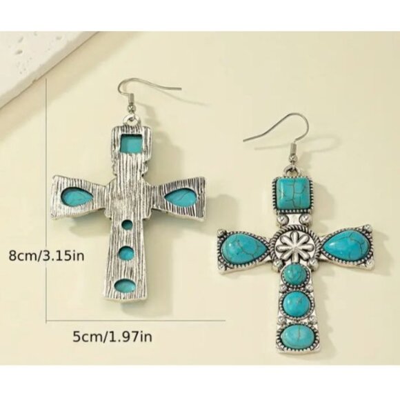 Bohemian Turquoise Cross‎ Dangle Earrings - 3.15" Long & 1.97" Wide - Ant… - Picture 2 of 2